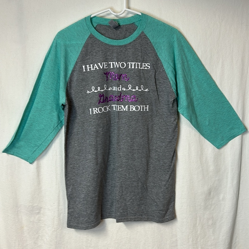 Grandma Tee Shirt Size L Gray Green Soft Poly Cotton Blend 3/4 Sleeve